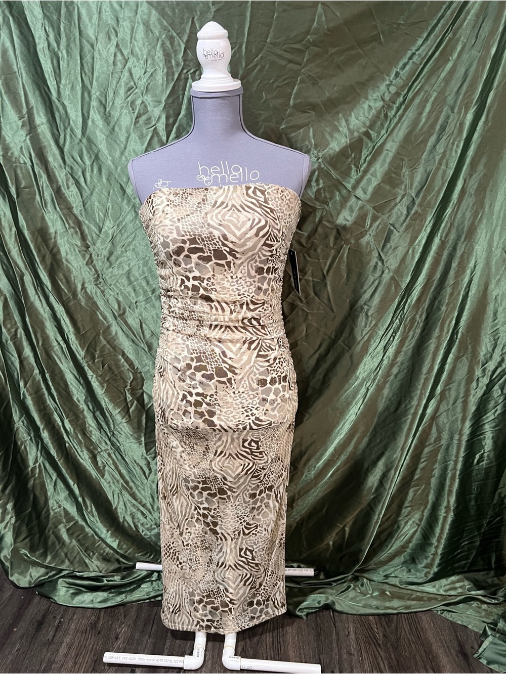 Strapless Animal-Print Midi Dress in Beige and Brown